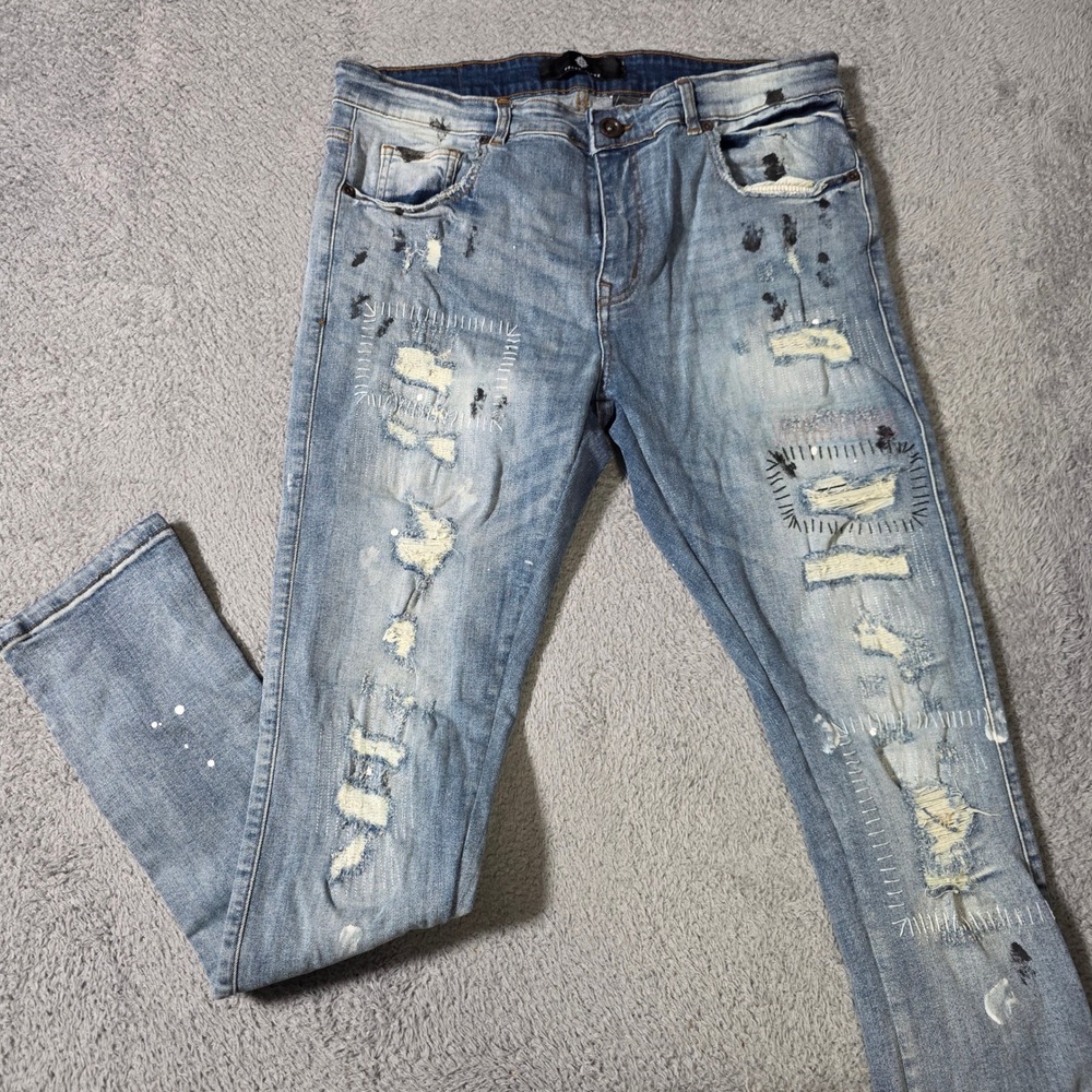 Focus Jeans Mens 36x34 Slim Jeans Blue Distressed Patchwork Paint Splatt Sashiko